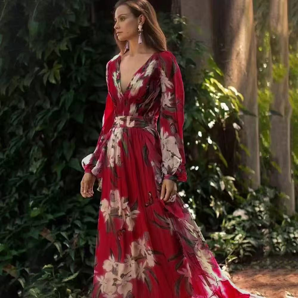 Winter New  Style V-Neck Long Sleeve Four-Way Stretch Printed Flared Dress