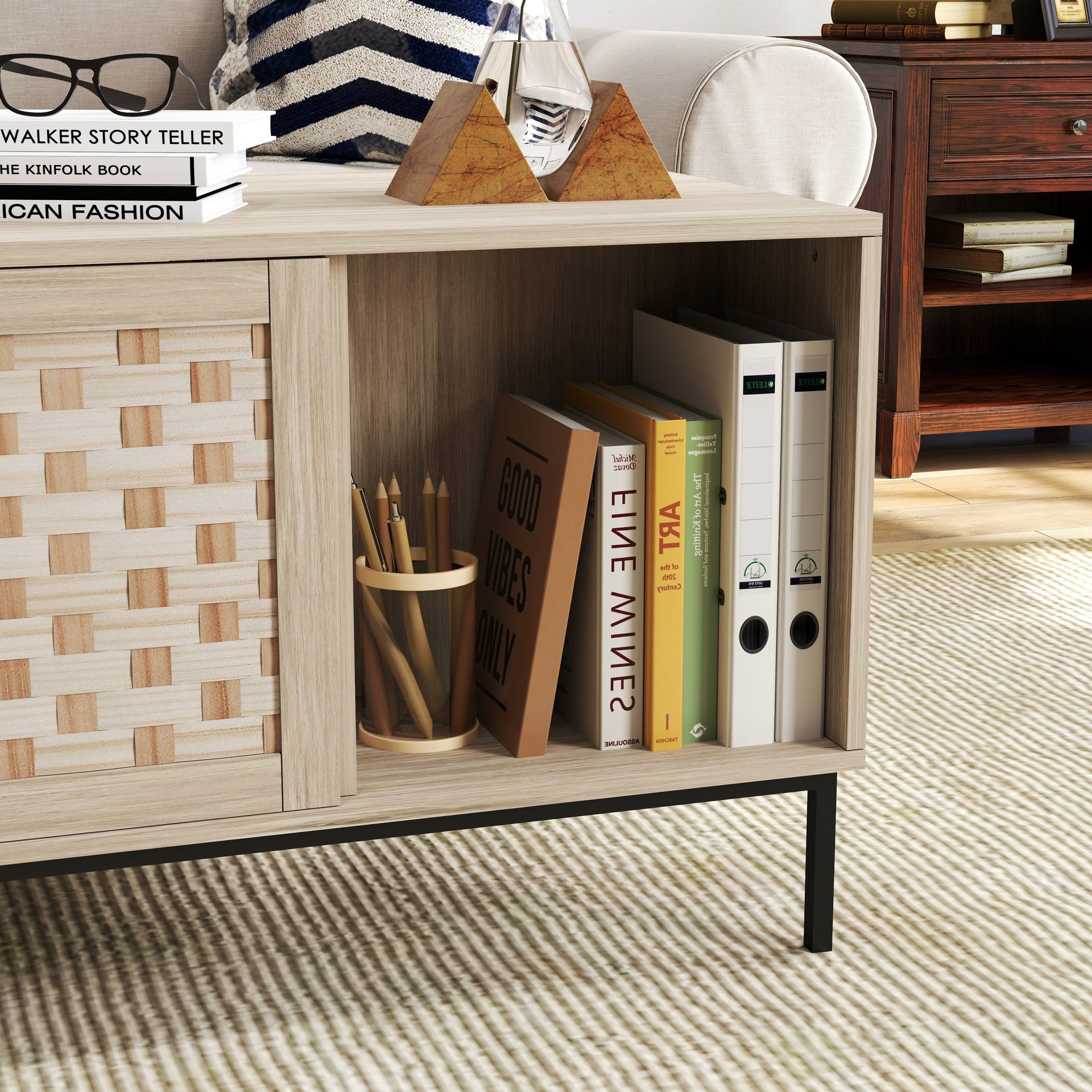 Elegant Veener Weaving Design Coffee Table with 4 Sliding Door BLAKHOM