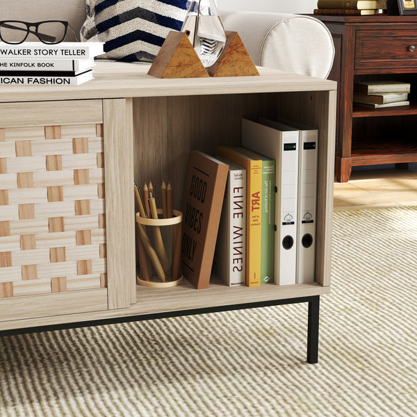 Elegant Veener Weaving Design Coffee Table with 4 Sliding Door BLAKHOM