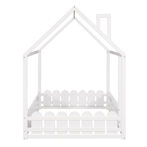 (Slats are not included) Full Size Wood Bed House Bed Frame with Fence for Kids Teens Girls Boys (White ) - Gifts for You 'n Me