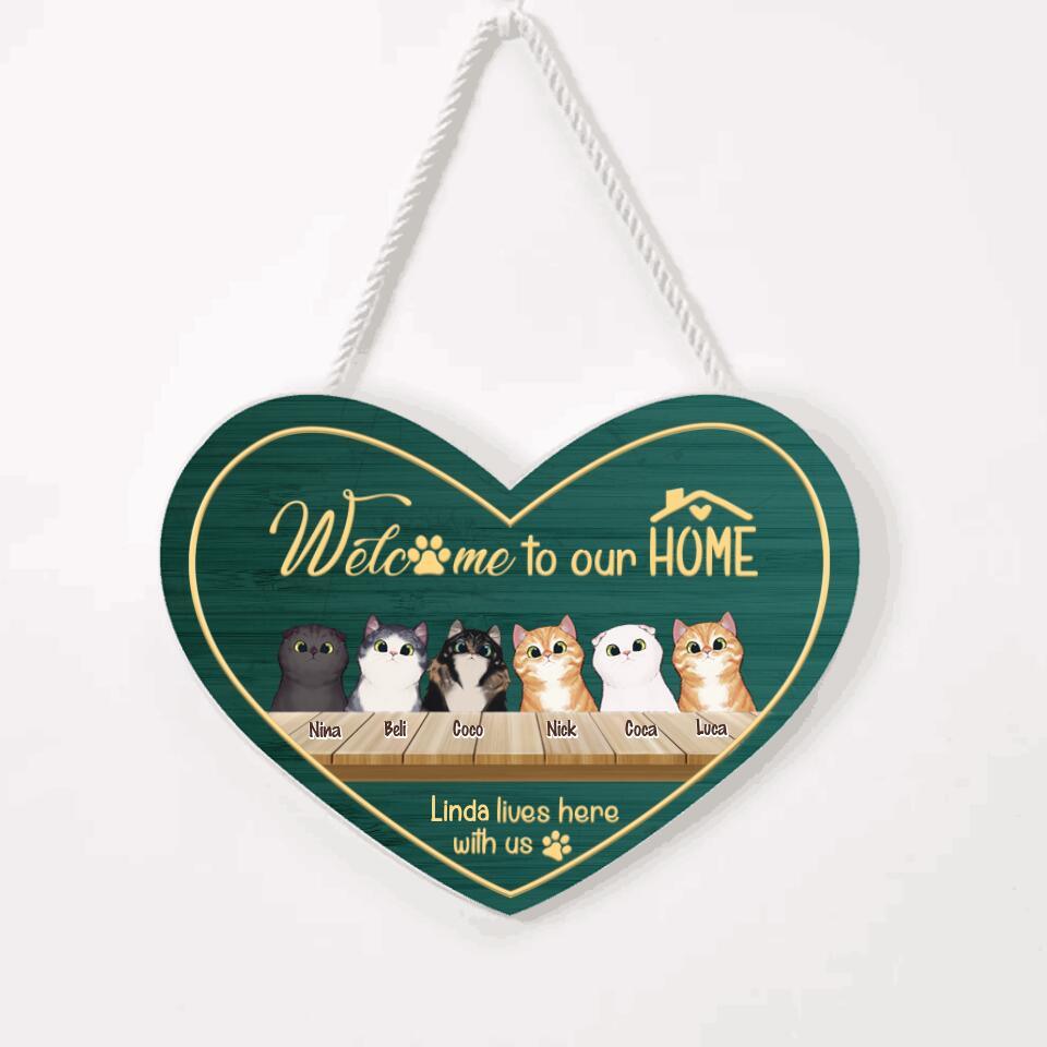 Personalized Cat Door Sign - Best Gift For Cat Lovers - Owner & Cats (Up to 6 Cats) - Welcome to our home - JRAAMN