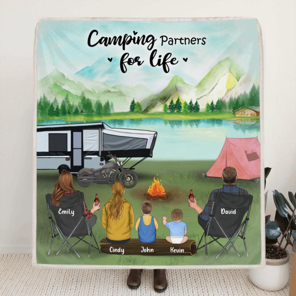 Personalized Camping Blanket - Best Gift For Family Camping Lovers - Family With 3 Kids & Up To 5 Pets - Camping Partners For Life