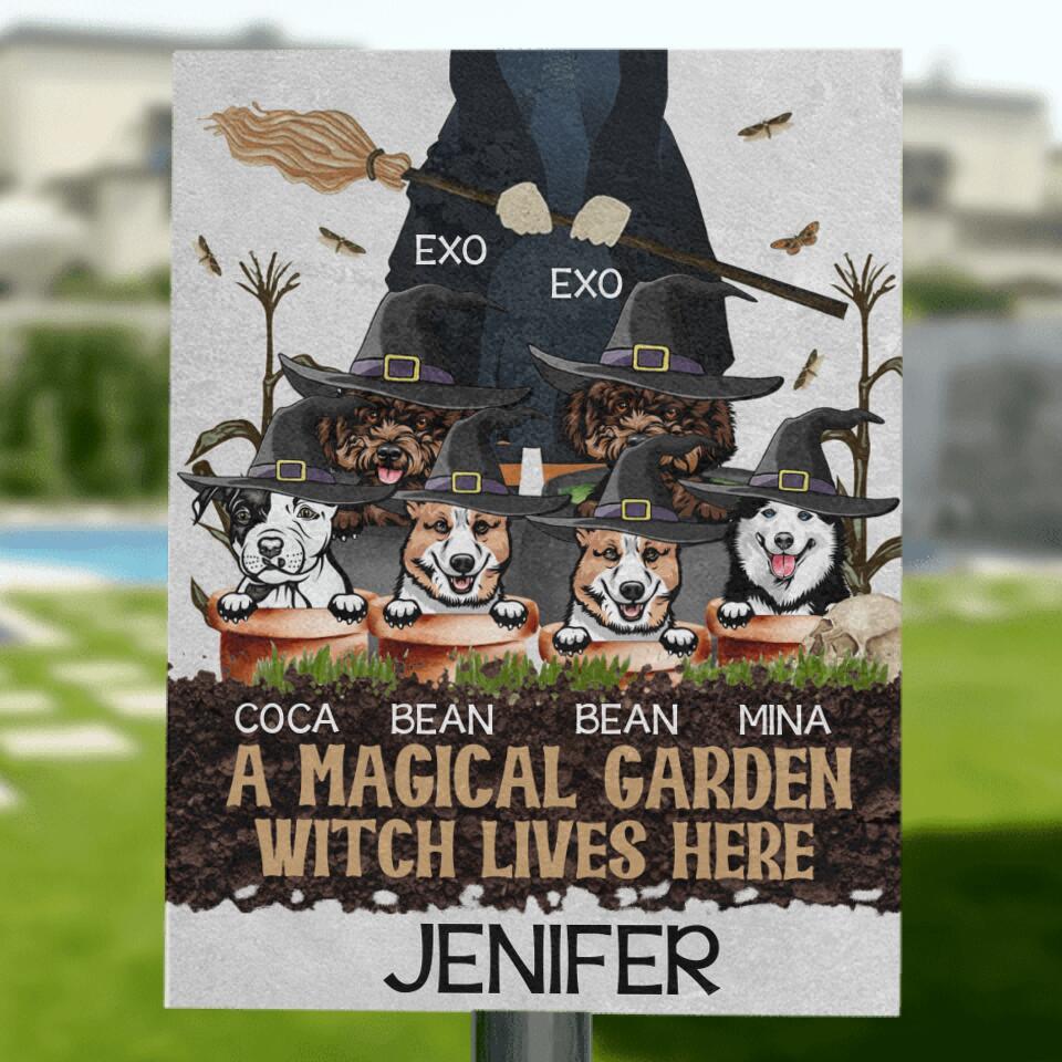 Personalized Witch's Magical Garden Metal Sign - A Witch With Up to 6 Pets - A Magical Garden Witch Lives Here - ALVX2G