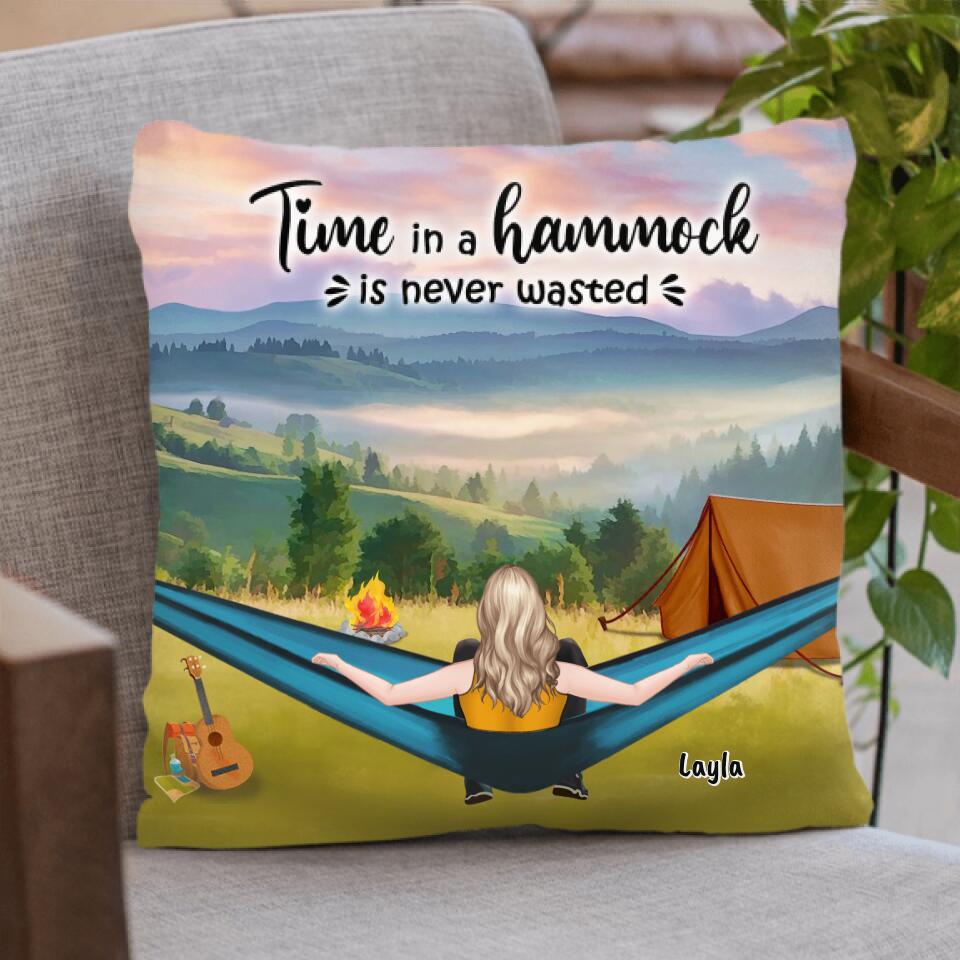 Personalized Hammocks Camping Pillow Cover- Man/Woman/Couple - Time In A Hammock Is Never Wasted - QH90N4