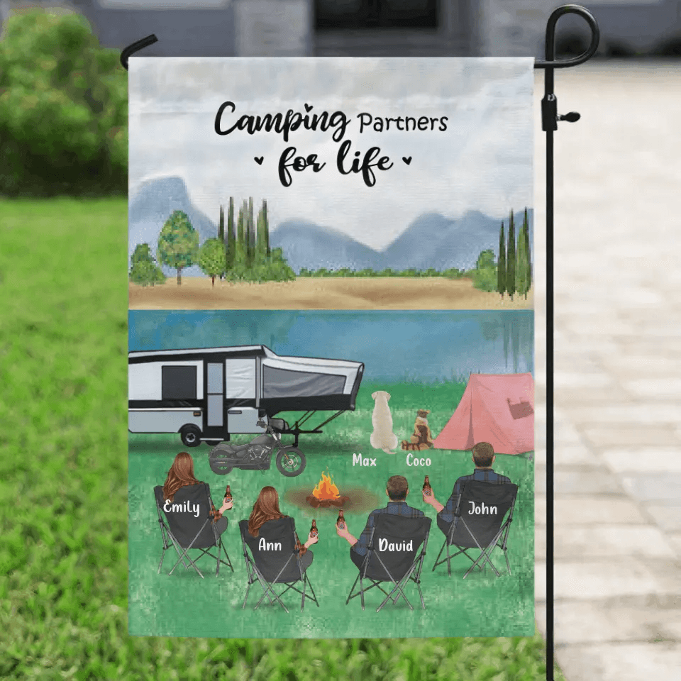 Personalized Camping Flag - Adults and Pets Camping Flag - Camping Partners For Life