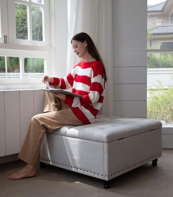 Beige Oversized Storage Ottoman Featuring Lift Top