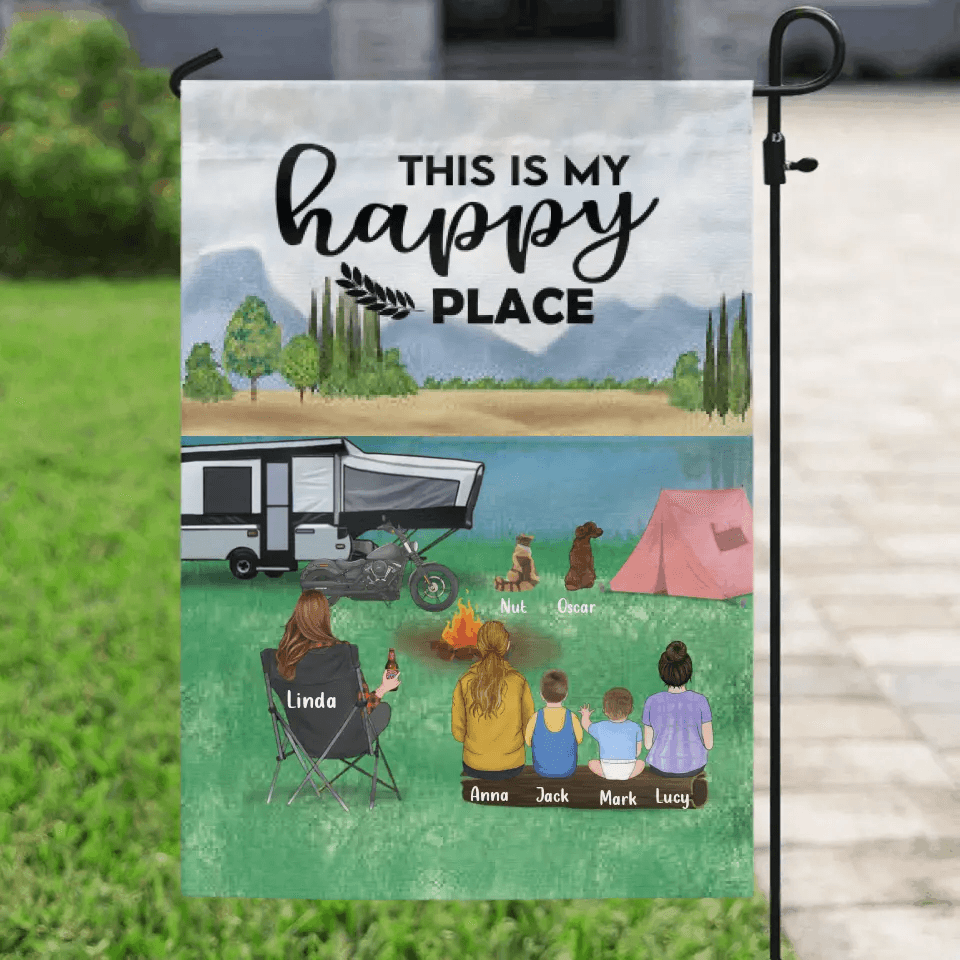 Personalized Camping Flag - Gift For Father's Day - Single Dad/Mom with up to 4 Kids & 2 Pets - This is my happy place
