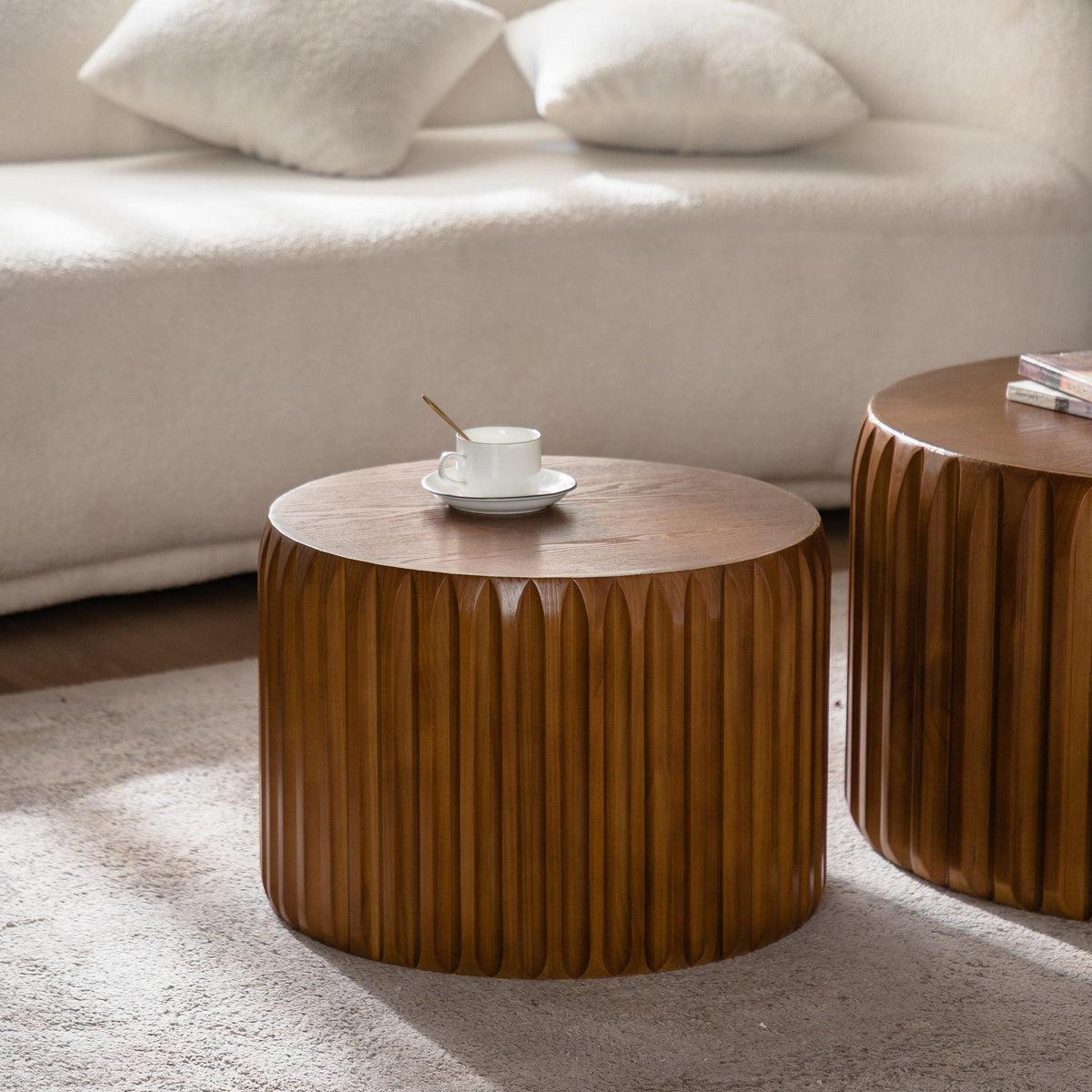 Set of 2nWalnut Fluted Nesting Coffee Table Set – Mid-Century Modern Round Tables