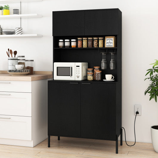 64.5 Inches Tall Kitchen Pantry Cabinet with Charging Station and Wine Glass Rack-Black