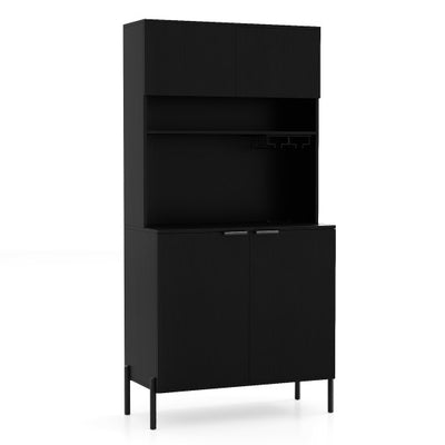 64.5 Inches Tall Kitchen Pantry Cabinet with Charging Station and Wine Glass Rack-Black