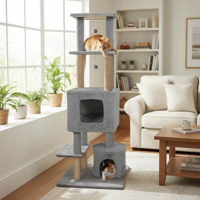 64 Inch Tall Cat Tree with 2 Large Condos and Jute Scratching Posts for Indoor Adult Cats-Light Grey
