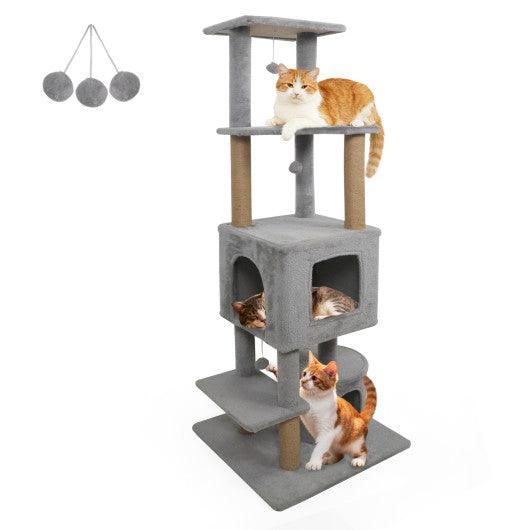 64 Inch Tall Cat Tree with 2 Large Condos and Jute Scratching Posts for Indoor Adult Cats-Light Grey