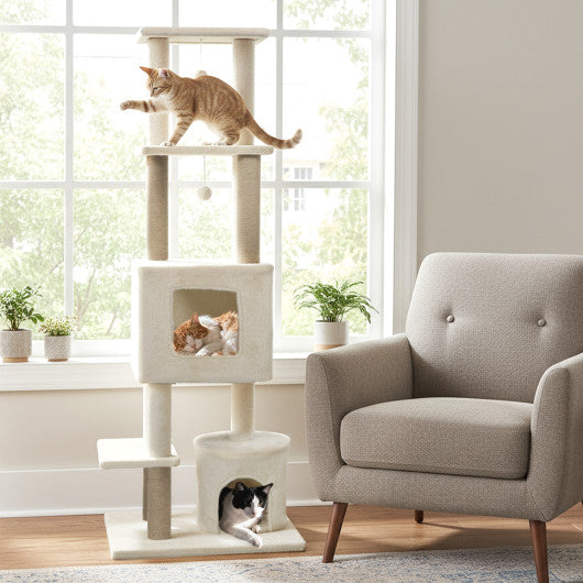 64 Inch Tall Cat Tree with 2 Large Condos and Jute Scratching Posts for Indoor Adult Cats-Beige
