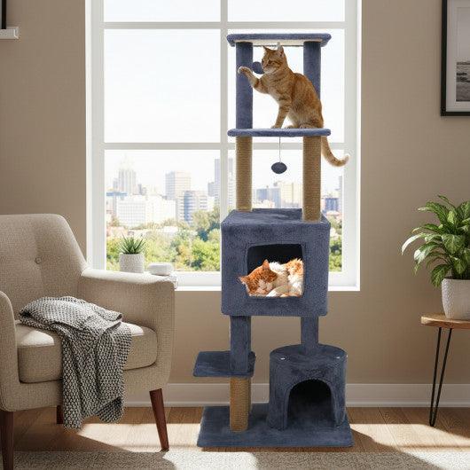 64 Inch Tall Cat Tree with 2 Large Condos and Jute Scratching Posts for Indoor Adult Cats-Dark Grey