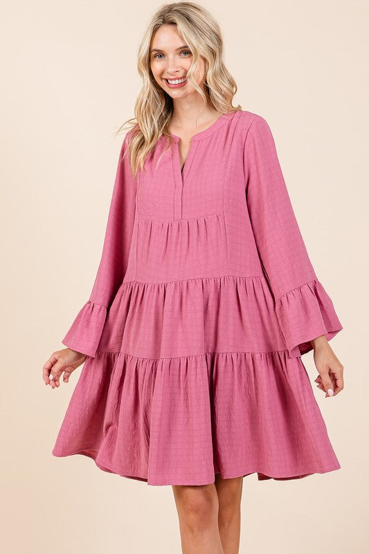 Tiered Notched Flare Sleeve Dress – Fluttering, Playful and Stylish Dress with Ruffled Layers and Trendy Flare Sleeves