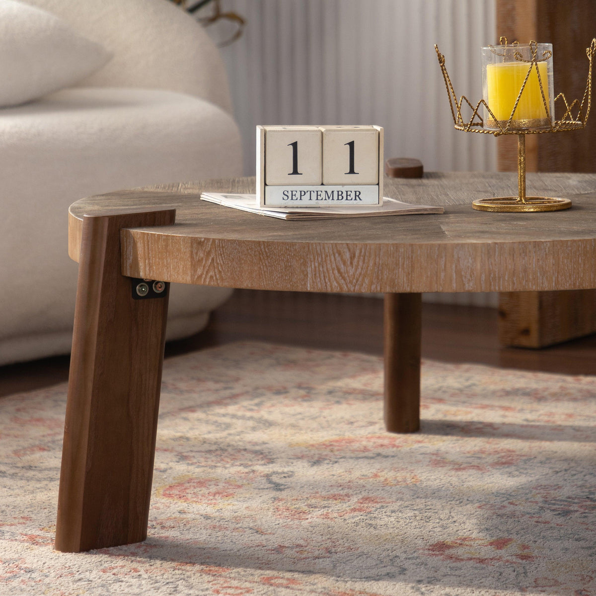 Rustic Round Wood Coffee Table with Herringbone Top