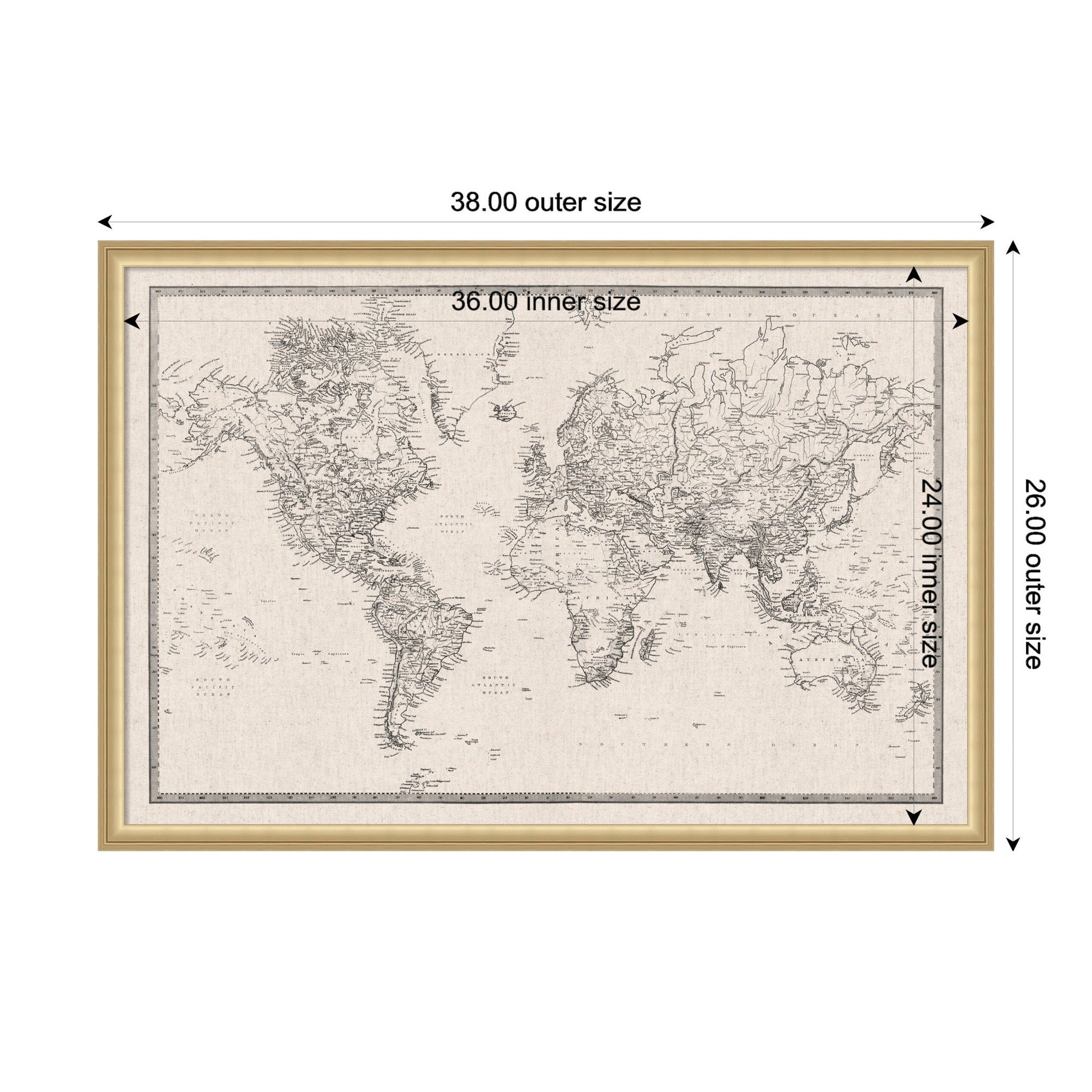 Framed Fabric Pinboard Vintage Black and White Linen World Map Wall Organization