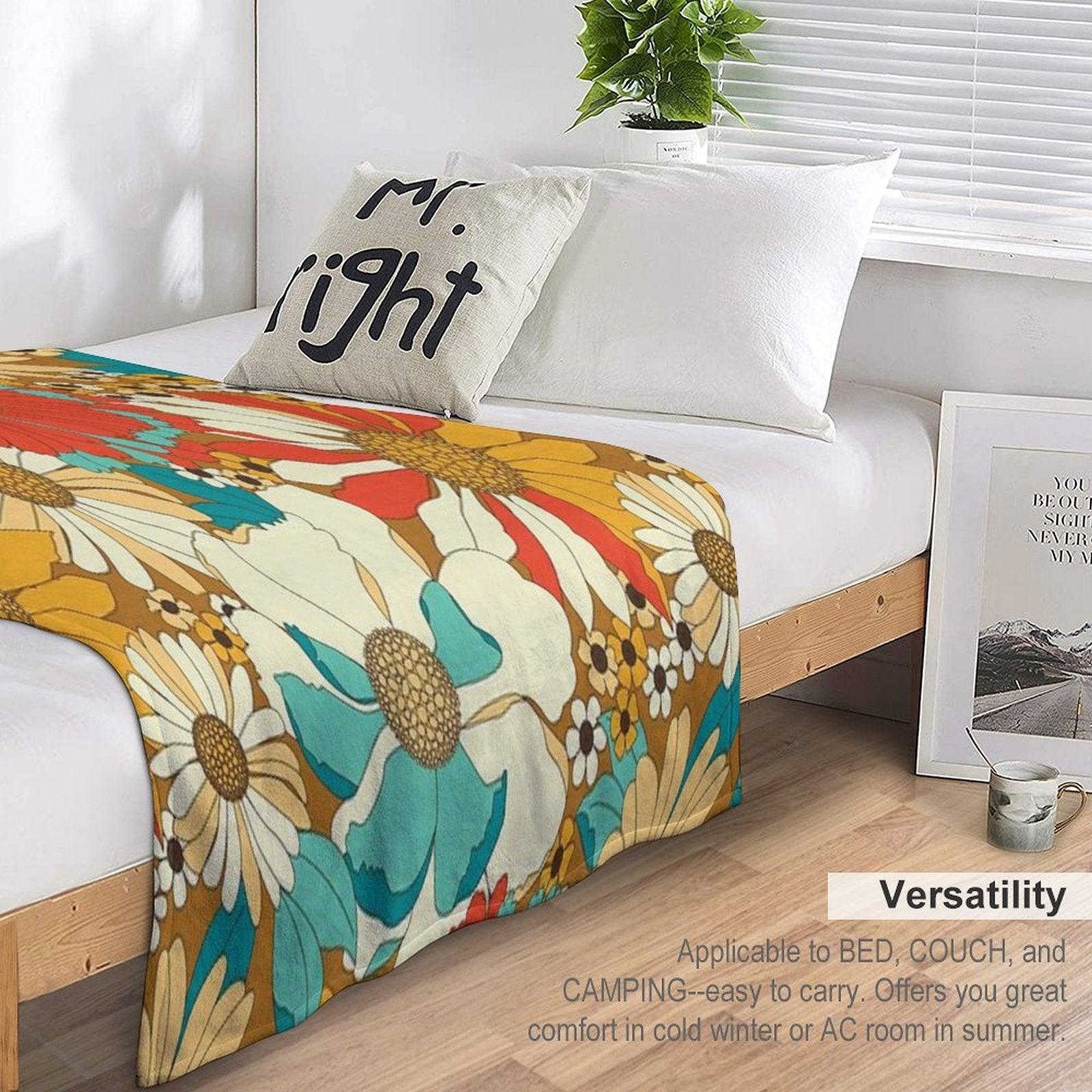 Red, Orange, Turquoise & Brown Retro Floral Pattern Throw Blanket
