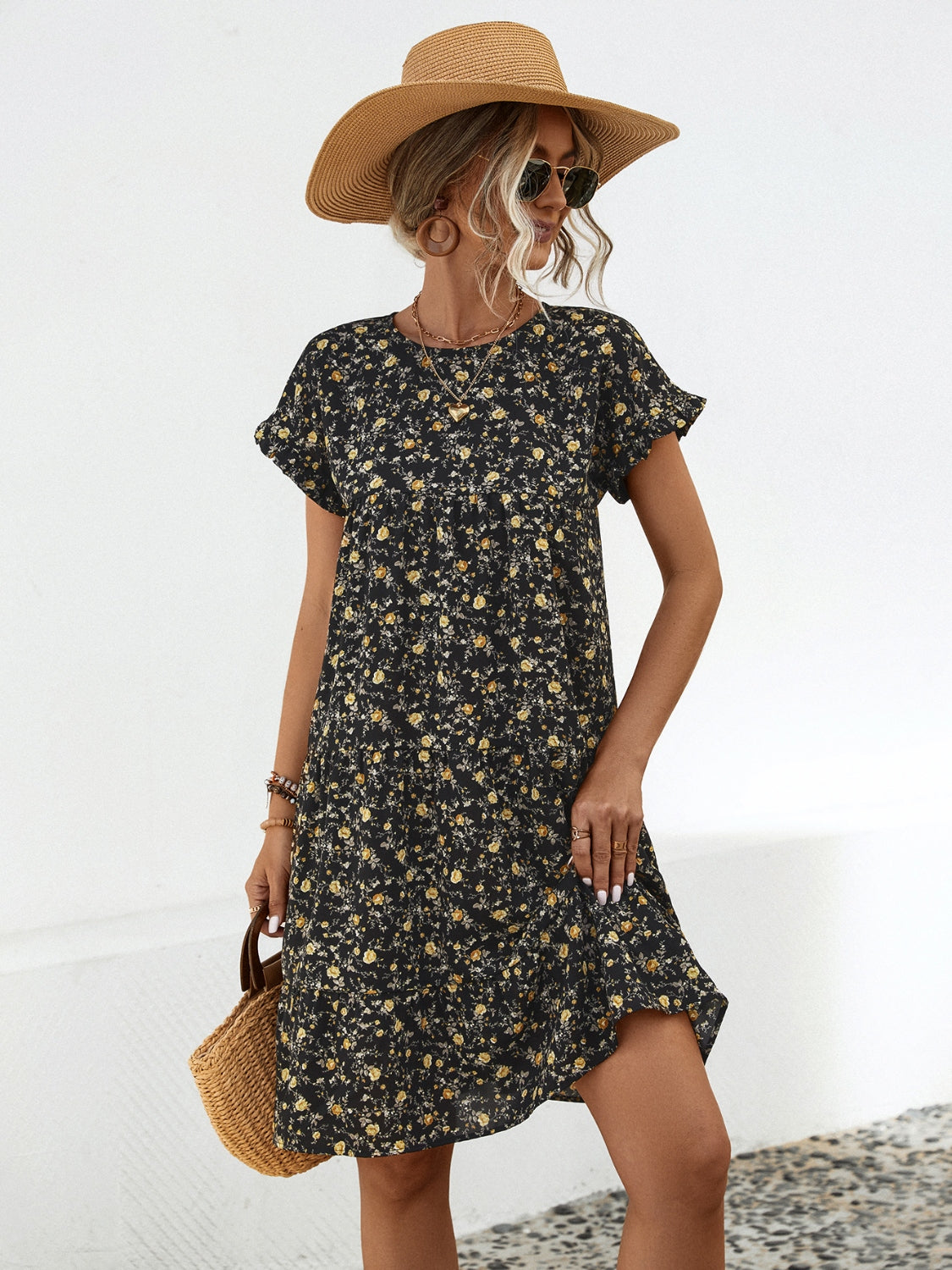 Floral Round Neck Short Sleeve Dress Elegant & Effortless Everyday Style Women Dress