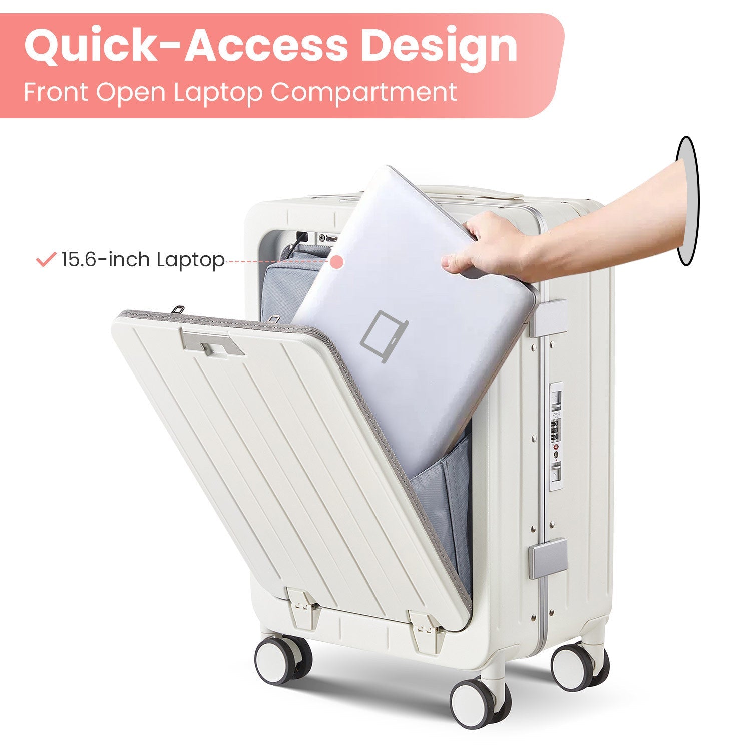 Aluminum Frame 20 Inch with Front Open Carry-on Luggage, PC Hard Shell Suitcase, Bounce Wide Handle Pull Rod Luggage with 360°Double Wheels, Built-In TSA Lock, Airline Approved Suitcase for Business