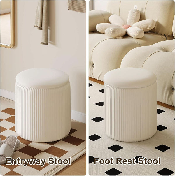 White Velvet Upholstered Storage Ottoman Vanity Set