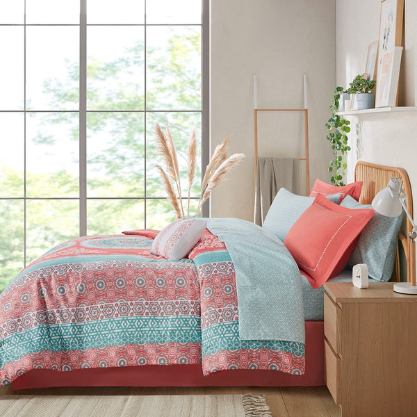 Loretta Boho Comforter Set with Bed Sheets in Coral by Intelligent Design