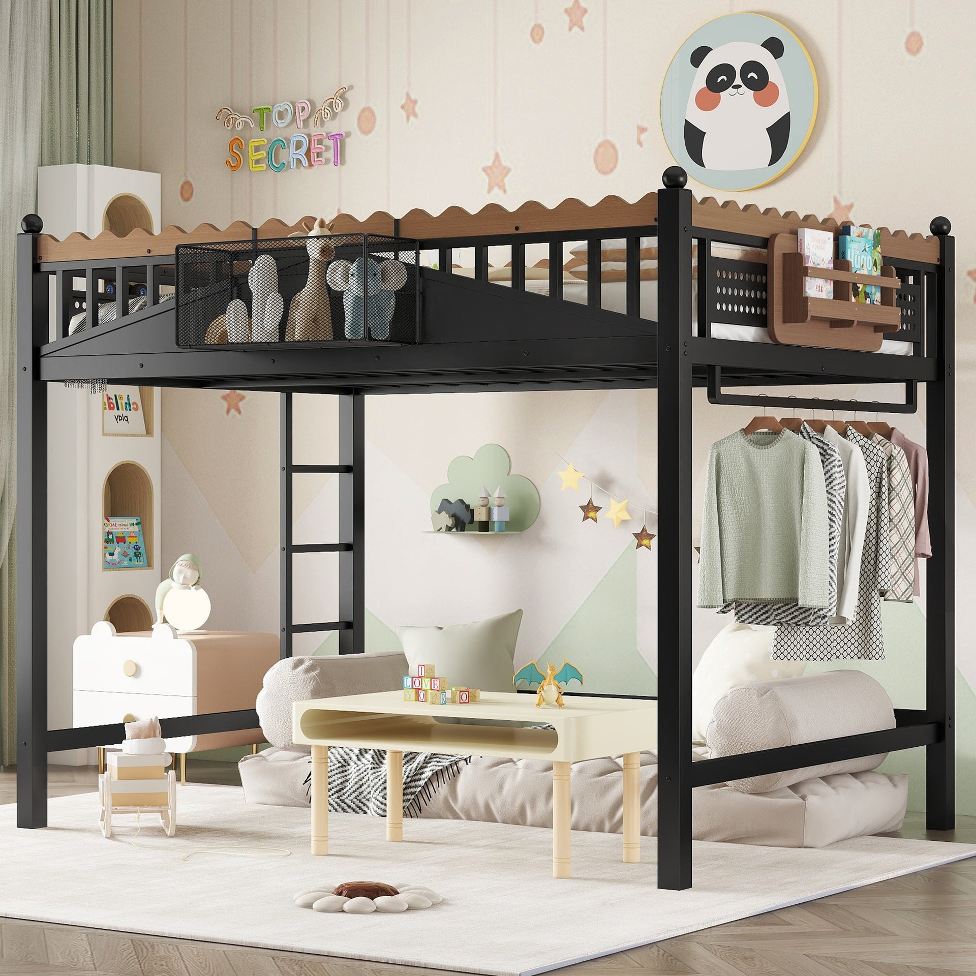 Full Size Loft Bed with Storage Shelves