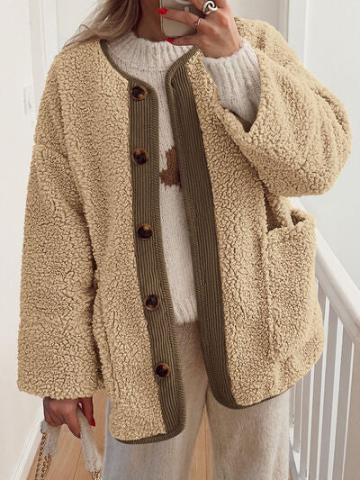 Modern Cozy Women Luxuriously Cozy Contrast Button Up Sherpa Jacket with Pockets For Fall & Winter
