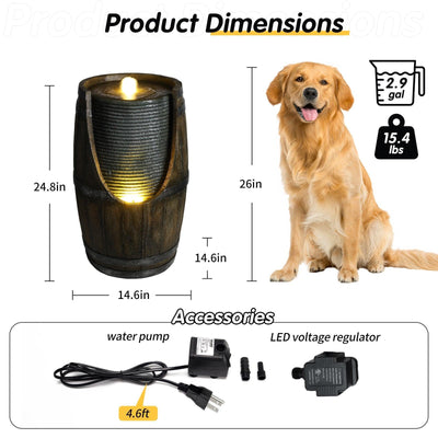 Resin Rustic Barrel Outdoor Water Fountain 24 Inch LED