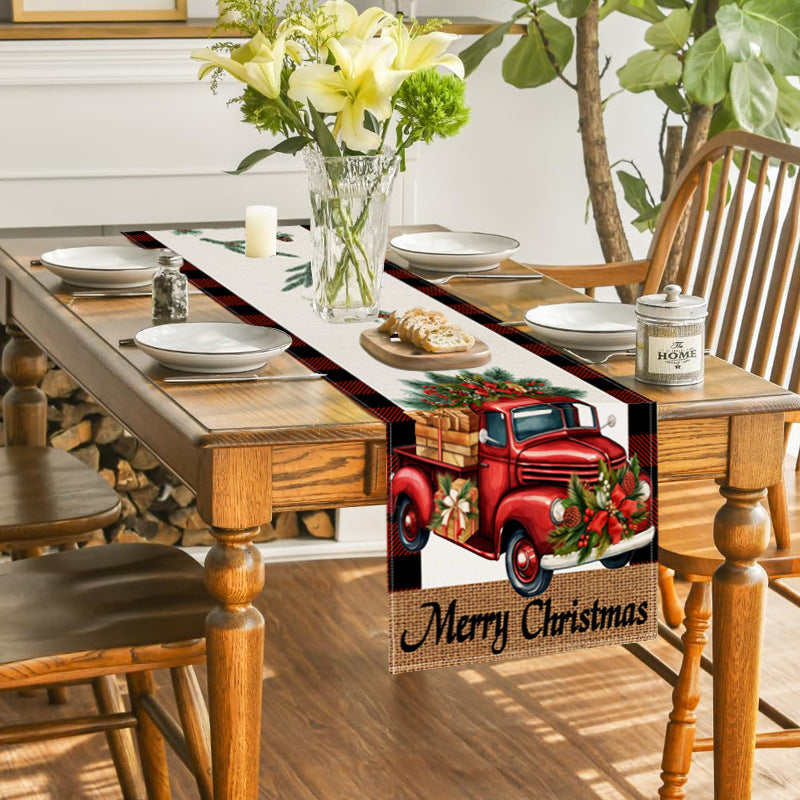 Red car printed table flag Christmas red black checkered linen living room decoration tablecloth