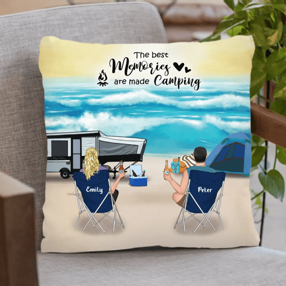 Personalized Beach Camping Pillow Cover - Couple with up to 5 pets - The best memories are made camping - 1CTOH9