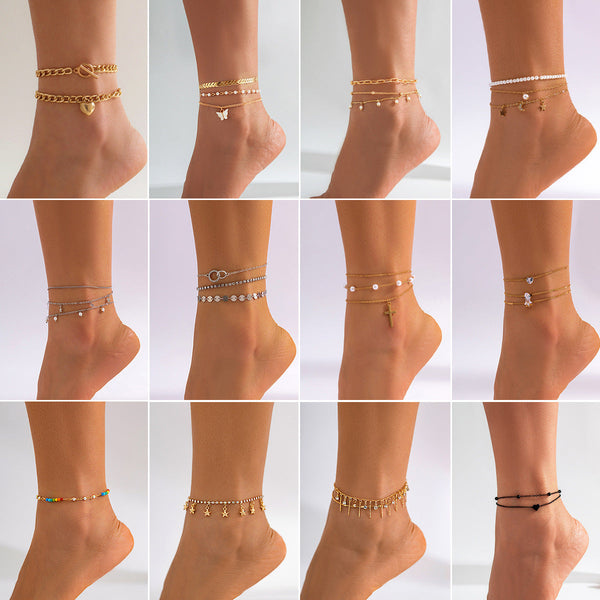 Beach star shaped tassel ankle bracelet, simple foot decoration, fashionable imitation pearl, versatile ankle chain