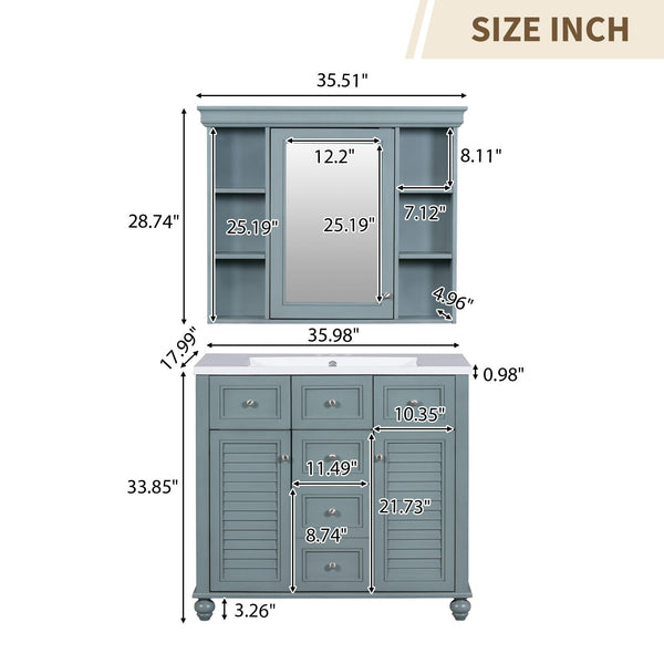 36 inch modern mirror cabinet with adjustable shelves, 2 soft closing doors, and 6 drawer storage cabinet door organizers