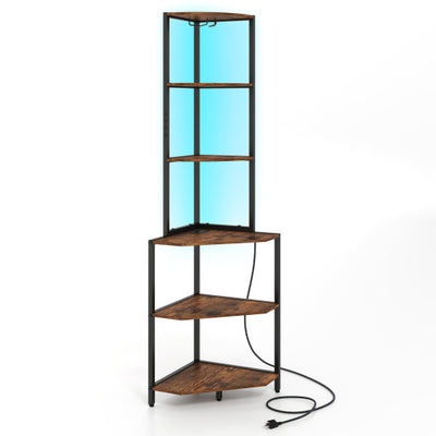 65 Inch 6-Tier Corner Shelf with Charging Station and Ambience Light-Rustic Brown