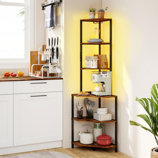 65 Inch 6-Tier Corner Shelf with Charging Station and Ambience Light-Rustic Brown