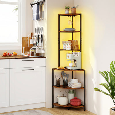 65 Inch 6-Tier Corner Shelf with Charging Station and Ambience Light-Rustic Brown