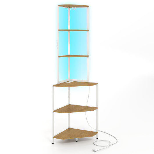 65 Inch 6-Tier Corner Shelf with Charging Station and Ambience Light-Natural