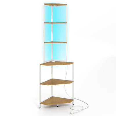 65 Inch 6-Tier Corner Shelf with Charging Station and Ambience Light-Natural