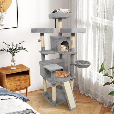 65 Inch Tall Multi-level Cat Tree with 3 Upholstered Perch and 2 Cat Condos-Light Gray