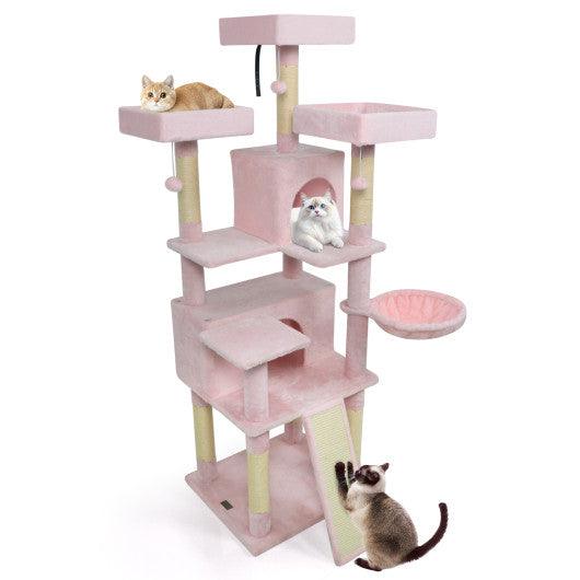 65 Inch Tall Multi-level Cat Tree with 3 Upholstered Perch and 2 Cat Condos-Pink