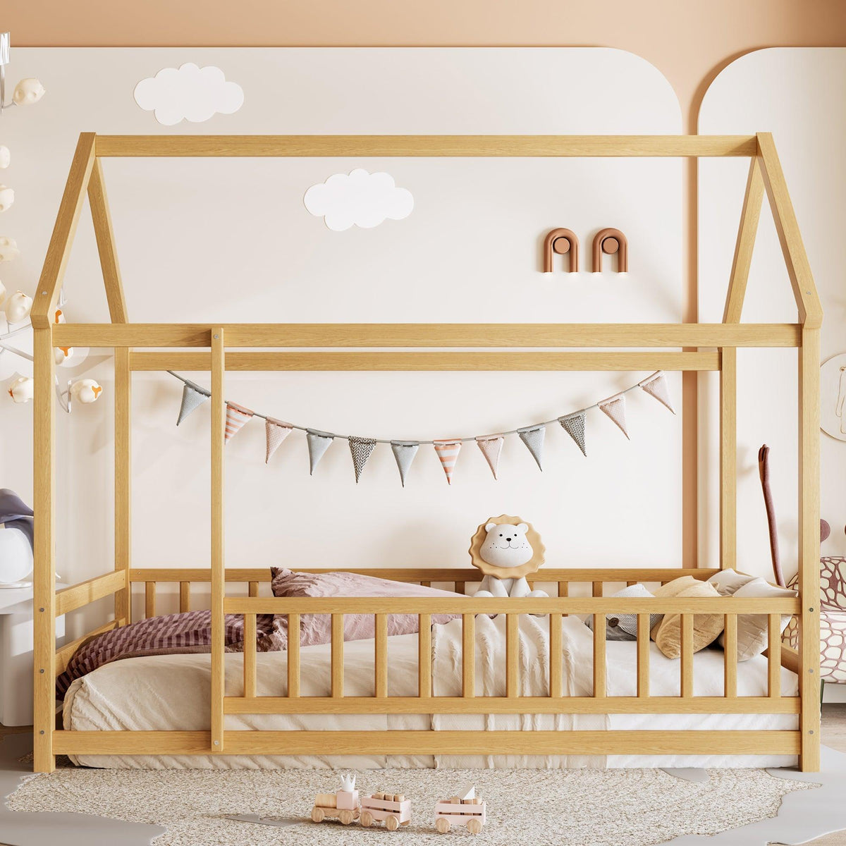 Twin Size Floor Wooden Bed with House Roof Frame