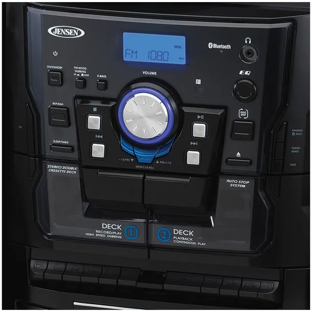 JENSEN® 10-Watt 3-Speed Belt-Drive Manual Turntable with External Speakers, Bluetooth®, 3 CD Changer, Dual Cassette Deck, AM/FM, and 45-RPM Adapter