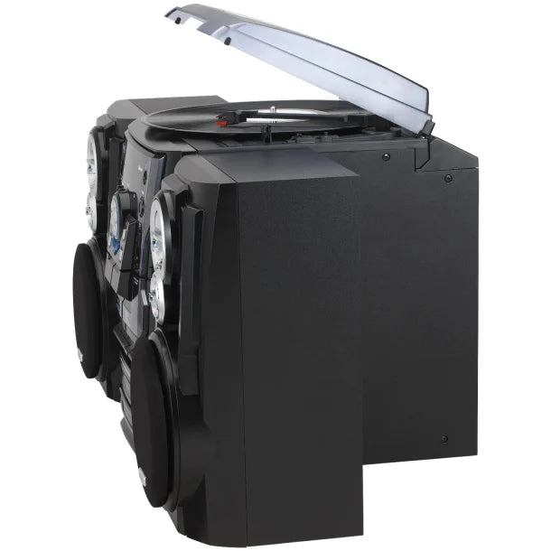 JENSEN® 10-Watt 3-Speed Belt-Drive Manual Turntable with External Speakers, Bluetooth®, 3 CD Changer, Dual Cassette Deck, AM/FM, and 45-RPM Adapter