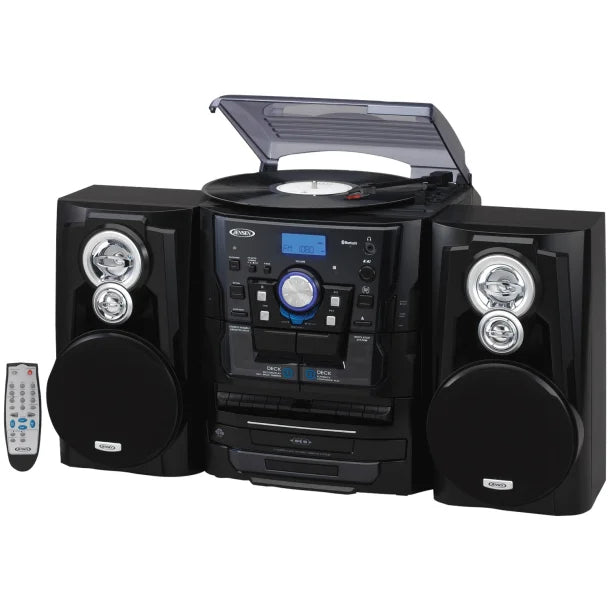 JENSEN® 10-Watt 3-Speed Belt-Drive Manual Turntable with External Speakers, Bluetooth®, 3 CD Changer, Dual Cassette Deck, AM/FM, and 45-RPM Adapter