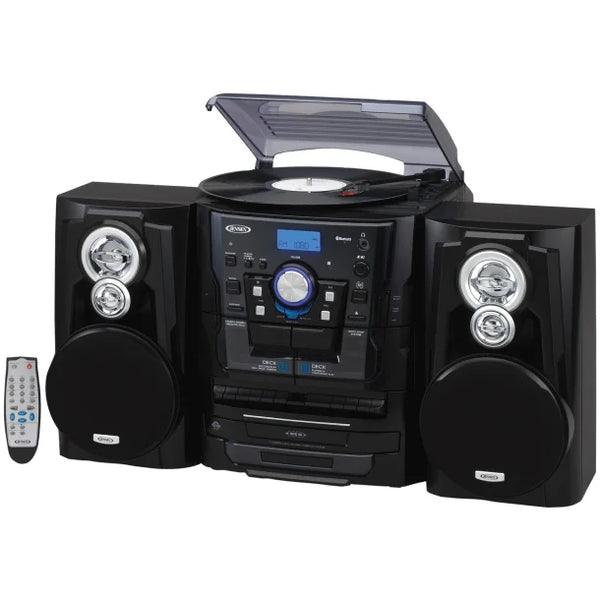 JENSEN® 10-Watt 3-Speed Belt-Drive Manual Turntable with External Speakers, Bluetooth®, 3 CD Changer, Dual Cassette Deck, AM/FM, and 45-RPM Adapter