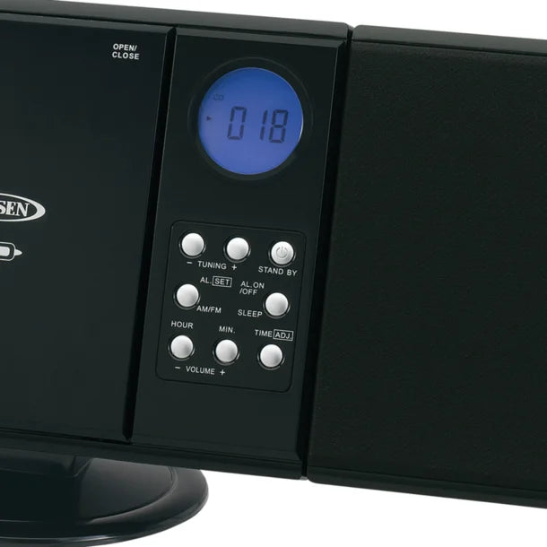 JENSEN® 2-Watt Wall-Mountable Home Stereo System with Built-in Speakers, CD Player, AM/FM Radio, Alarm Clock, Aux, and Remote, JMC-180