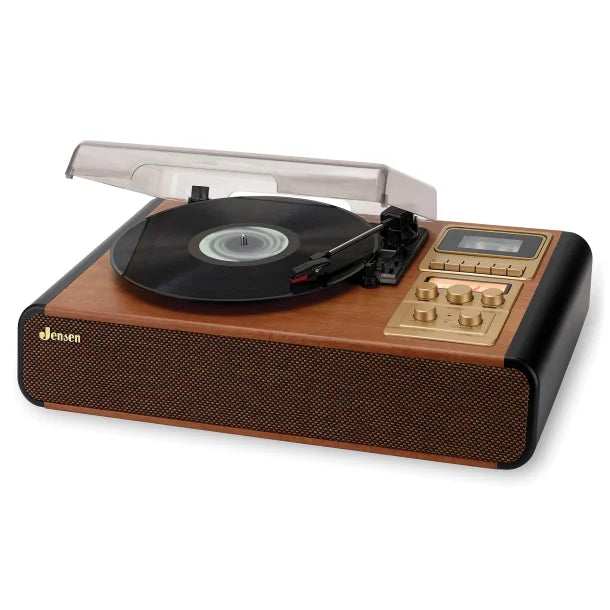 JENSEN® 4-Watt 3-Speed Belt-Drive Manual Turntable with Built-in Speakers, Bluetooth®, Cassette Player/Recorder, AM/FM, and 45-RPM Adapter, JTA-385