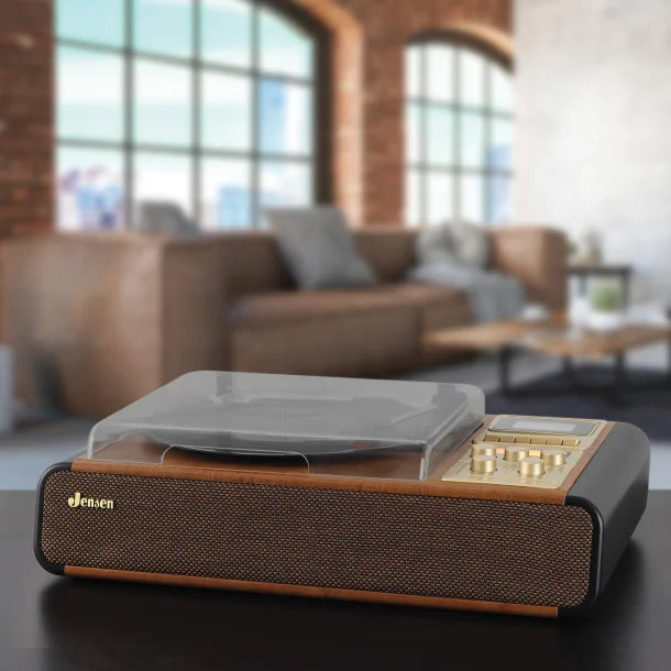 JENSEN® 4-Watt 3-Speed Belt-Drive Manual Turntable with Built-in Speakers, Bluetooth®, Cassette Player/Recorder, AM/FM, and 45-RPM Adapter, JTA-385