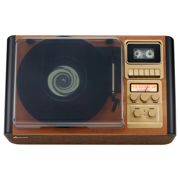 JENSEN® 4-Watt 3-Speed Belt-Drive Manual Turntable with Built-in Speakers, Bluetooth®, Cassette Player/Recorder, AM/FM, and 45-RPM Adapter, JTA-385