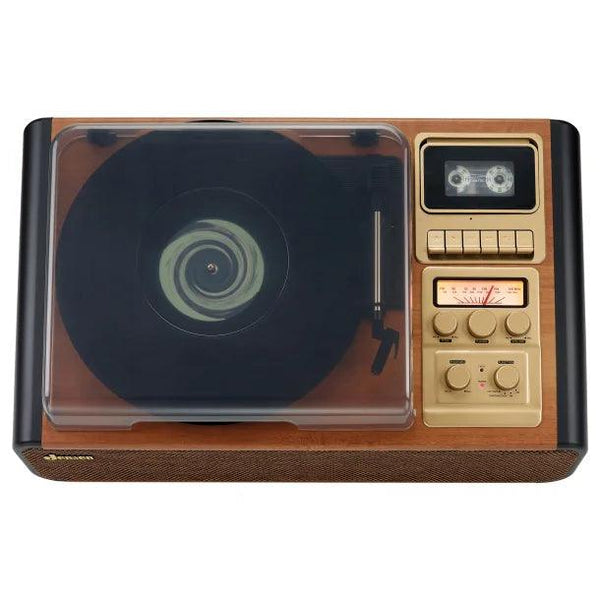 JENSEN® 4-Watt 3-Speed Belt-Drive Manual Turntable with Built-in Speakers, Bluetooth®, Cassette Player/Recorder, AM/FM, and 45-RPM Adapter, JTA-385